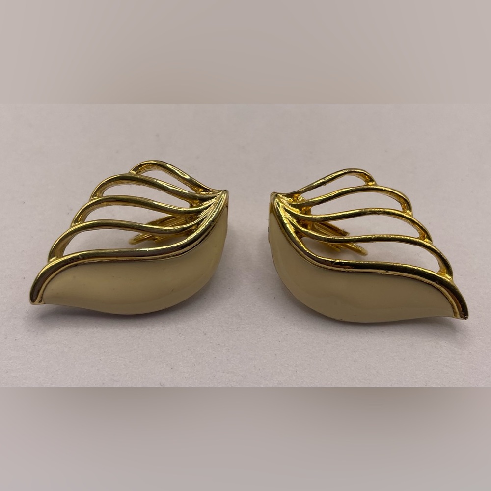3 for $30 Vintage Gold Tone Cream White Enamel Clip On Earrings Leaf Design